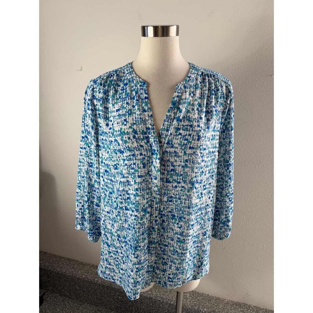 NYDJ Womens Large Blue Abstract Watercolor Pleated V Neck Blouse 3/4 Sleeve